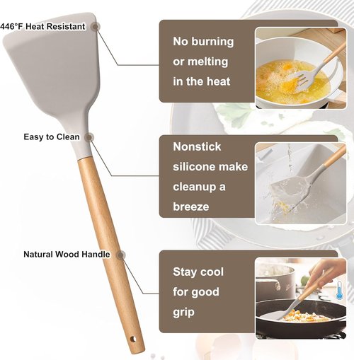 E-far Silicone Cooking Utensils Set - 10-Piece Heat Resistant Kitchen Tools with Wooden Handles | Non-Toxic Khaki