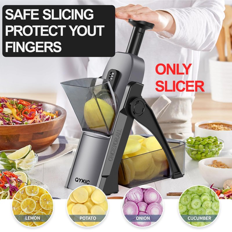 QYKIC Safe Mandoline Slicer Vegetable Chopper Potato Food Cutter,Thickness Adjustable 0.1-8 mm Veggie Dicer Kitchen Chopping Artifact for Fast Meal prep (White)