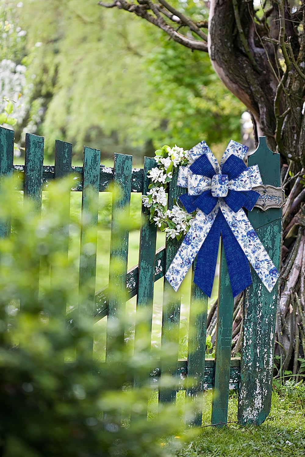 Skiennix Large Spring Bows - Blue Linen Flower Burlap Ribbon for Wreaths & Decorations