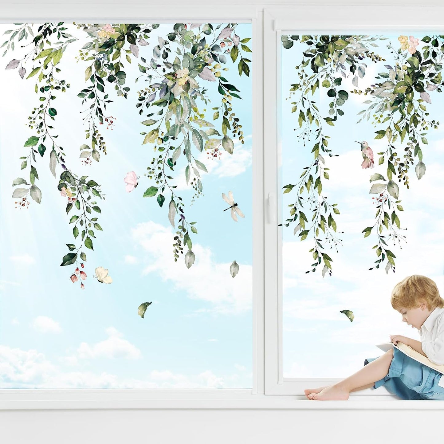 Whaline Window Clings - Reusable Eucalyptus Flower Stickers for Spring & Summer Decor | 9 Sheets