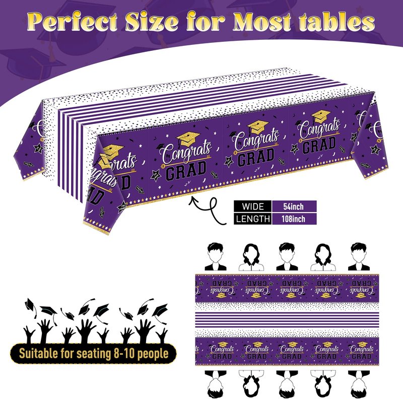Graduation Tablecloth Party Decorations, 3 Pack Class of 2026 Congrats Grad Purple Graduation Party Tablecover Rectangle Plastic Table Cloth Disposable Table Covers Party Supplies, Large Size 54"x108"