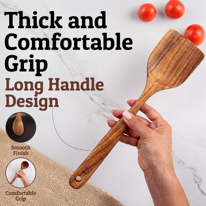 PriorityChef Wooden Spoons for Cooking, Premium 6pc Teak Wood Utensil Set with Hanging Hooks