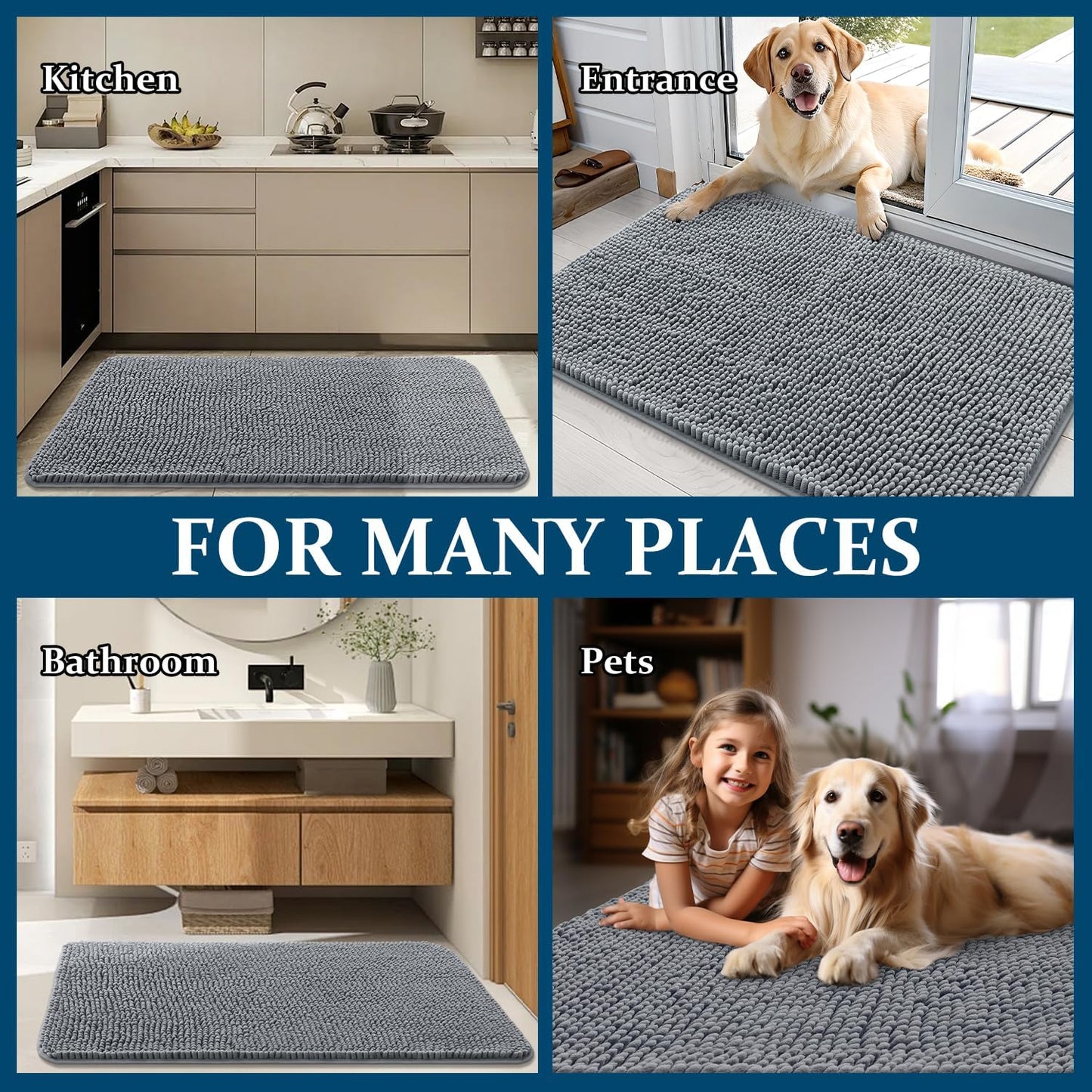 OLANLY Dog Door Mat - Absorbent Non-Slip Chenille for Muddy Paws | 48x30 Inches, Quick Dry, Grey