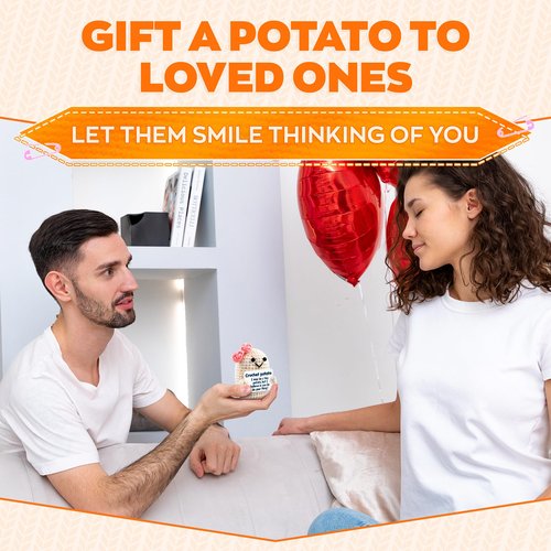 Crochet Potato Desk Figurine Ribbon & Motivational Card - 3.14x2.36" Handmade Mini Plush Decor Gift for Women, Coworker, Teacher, Friend | Office Shelf Accent - Great as Graduation Gift for Daughter