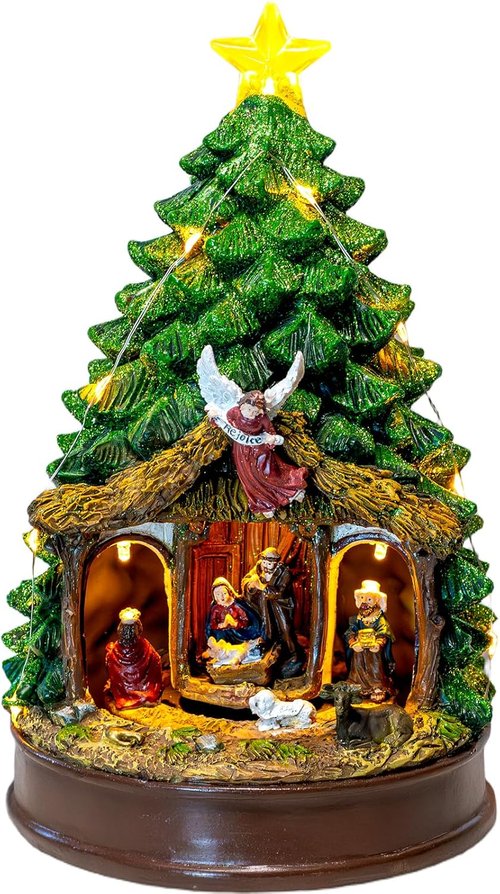 Candieslife Musical Christmas Tree - Rotating Nativity Scene with LED Star Light | Tabletop Holiday Decor