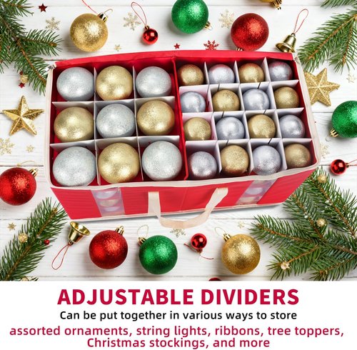 DIMESHY Large Christmas Ornament Storage Box - Adjustable Dividers for 128 Holiday Decorations | Red