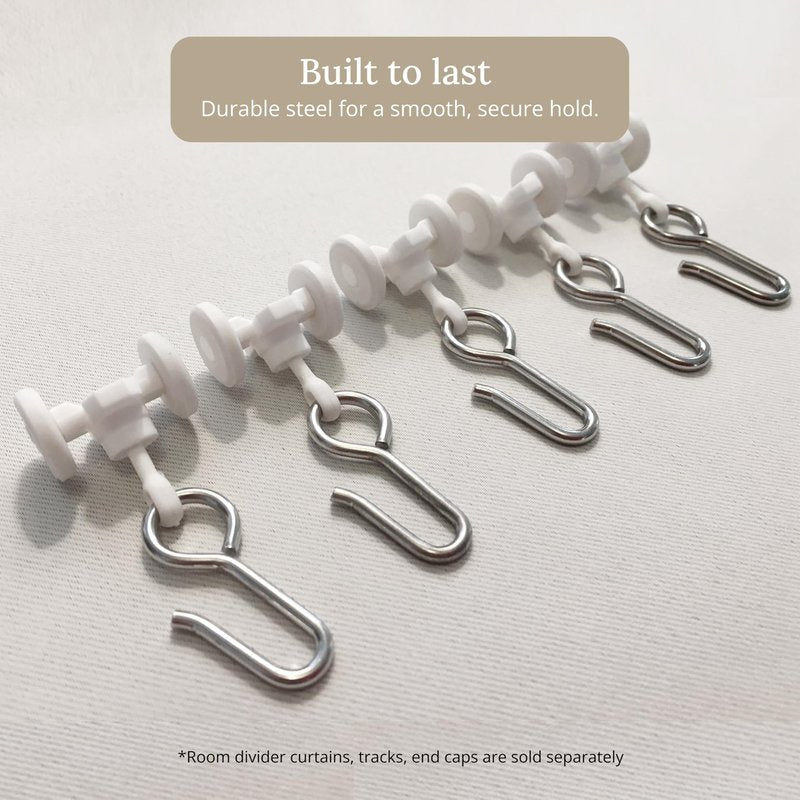 Room/Dividers/Now Curtain Track Hooks 20 Pack - Durable Ceiling Track Roller Hooks for Curtains - Smooth Glider Curtain Tracks Rollers for Dividers or Closet Use - White Plastic and Steel Construction