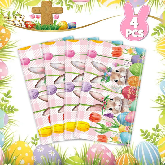 TJYJOY 4 Pack Easter Tablecloth Spring Tulip Buffalo Bunny Table Cloth Disposable Rectangle Table Covers Easter Decorations for Picnic Spring Birthday Party Supplies 51 x 86in