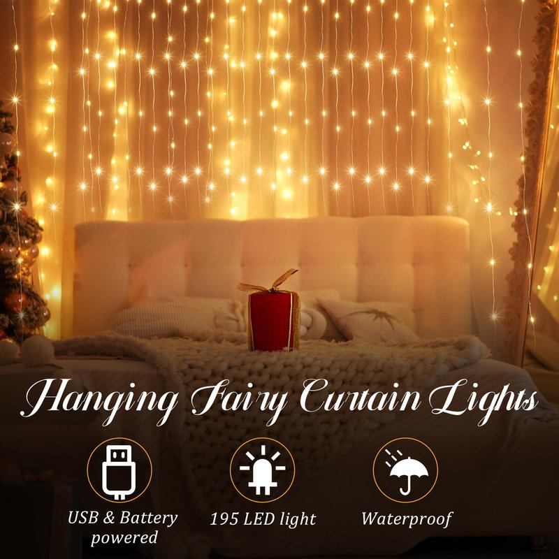 Tuanse 2 Pack 195 LED Curtain Tapestry Lights Backdrop String Lights, 6.5 x 5 Feet Hanging Fairy Curtain Light with 8 Lighting Modes and Remote for Bedroom Window Wall Indoor Outdoor Graduation Decor