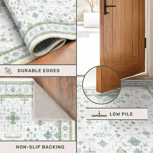 Hazo Haus Oushak 3x20 Wide Hallway Runner Rug - Vintage Turkish Floral Design, Washable Non-Slip | Blue & Green 20ft Extra Long for Large Spaces