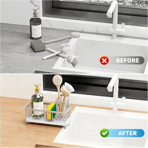 Cisily Sponge Holder for Kitchen Sink, Sink Caddy Organizer with High Brush Holder, Kitchen Countertop Organizers and Storage Essentials, Rustproof 304 Stainless Steel (Gray, 9.25″)