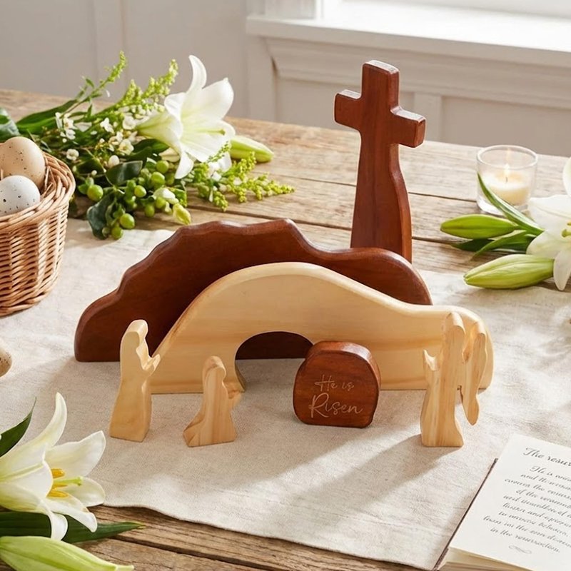 RUSATEN He is Risen Easter Decor – Wooden Resurrection Scene with Empty Tomb, Cross & Figurines, Christian Religious Tabletop Decoration for Home, Faith Easter Gift, Easter Basket Stuffer