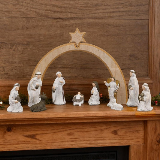 Treewoll 11 Pcs Christmas Scene Nativity Set, Holy Family Scene with Wooden Arched Stable and Resin Figurines Including Baby Jesus, Mary, Joseph and More, Religious Collections for Home Tabletop Decor