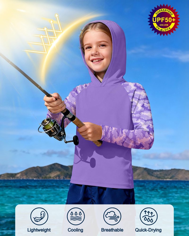 DRONIRING Boys Rash Guard Swim Hoodie, UPF 50+ UV Sun Protection Long Sleeve Fishing Shirt, Kids Youth SPF Water Shirts