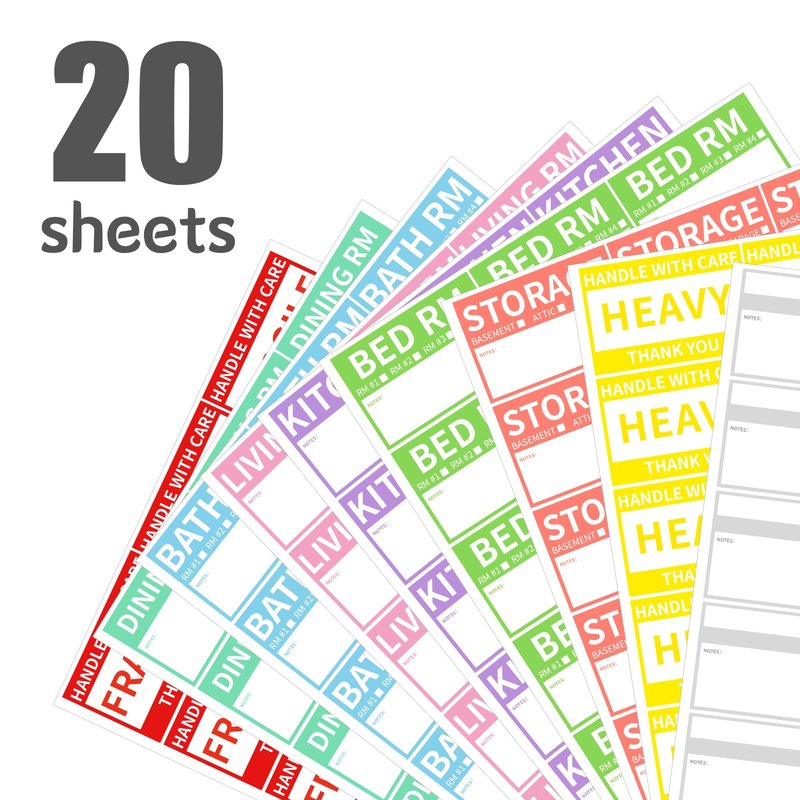 Ououstate 300 Count 2” x 3’’ Removable Home Moving Box Packing Labels for 1/2/3/4 Bedroom Rooms, 9 Designs Waterproof Color-Coded Moving Stickers Including Fragile 、Heavy and Blank Labels