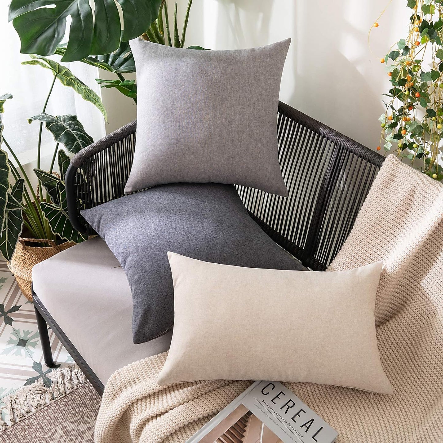 MIULEE Decorative Outdoor Throw Pillow Covers - Waterproof Faux Linen Cushion Cases | 18x18 Inch Dark Grey (Pack of 2)