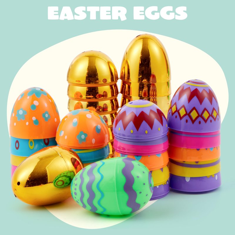 JOYIN 36 Pcs 3.15" Colorful Printed Eggs Include 8 Golden, Plastic Fillable Empty Eggs for Easter Hunt, Basket Stuffer Filler, Classroom Prize, Party Favors