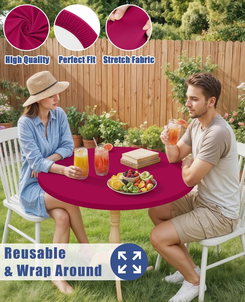 Moosfor Round Spandex Tablecloth, Elastic Fitted Waterproof Tablecloths for 57"-68" Tables, Stretch Washable Picnic Table Cover for Camping, Dining, Indoor and Outdoor, Fuchsia