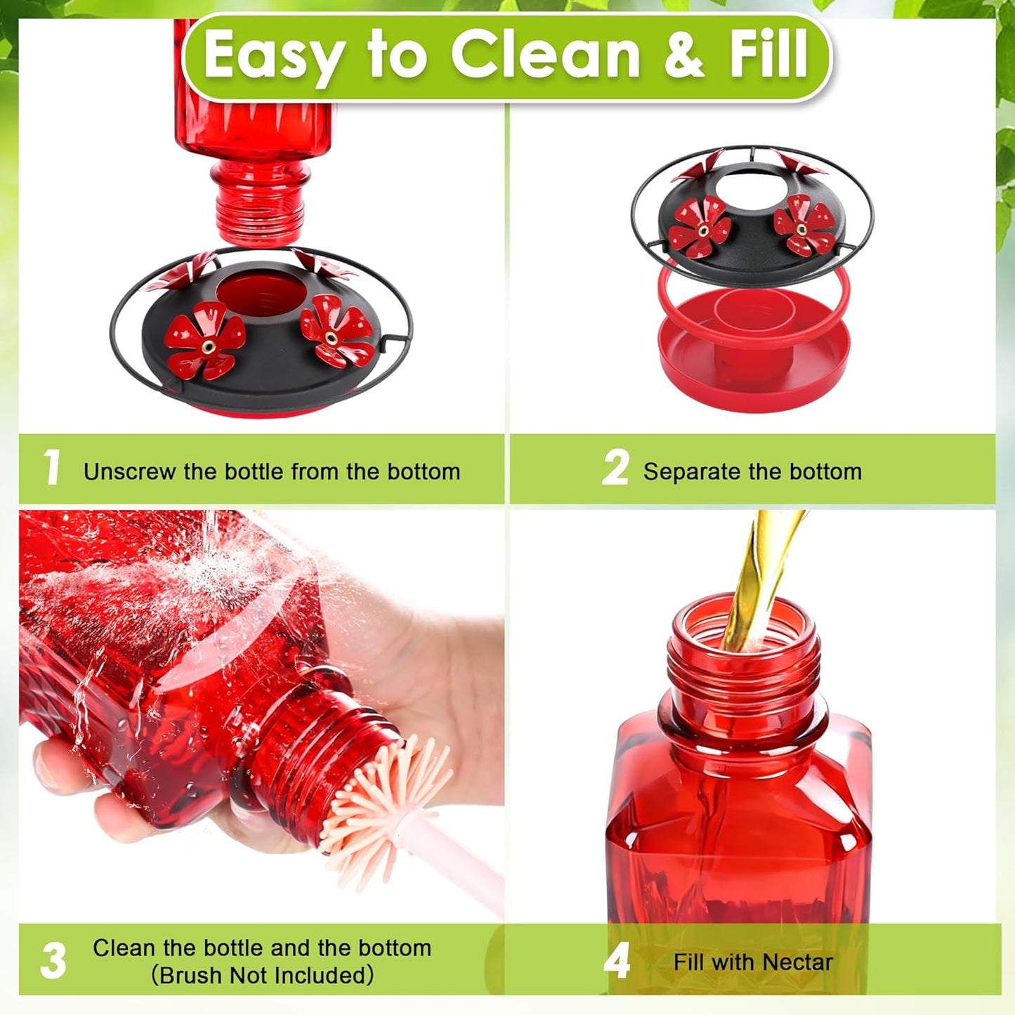 Skiennix 20oz Glass Hummingbird Feeder - Outdoor Hanging Design with Bee Guard & Ant Moat | Red (2 Pack)
