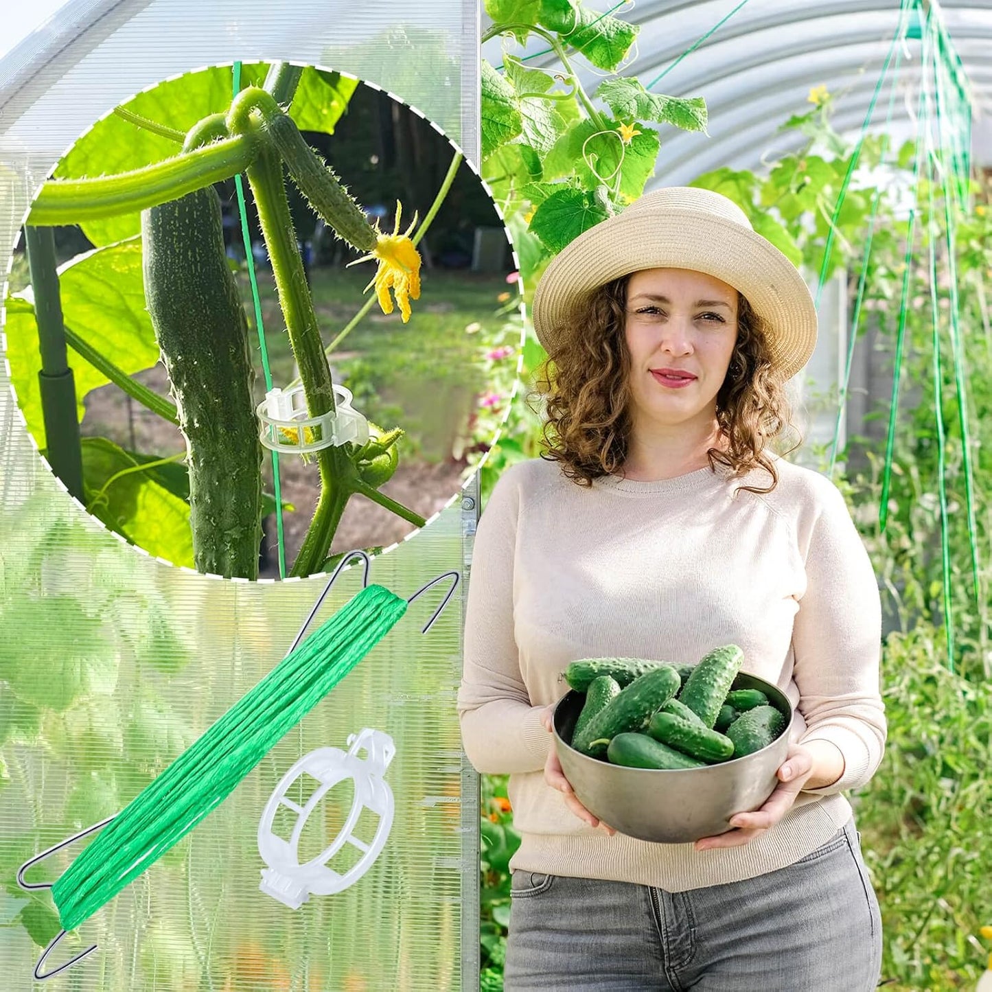 Skiennix Tomato Support Hooks - 30Pcs Plant Holder Clips with 33.3ft Twine for Secure Growth