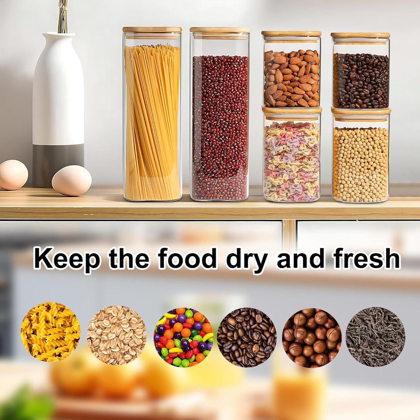 YMMIND Glass Food Storage Jars - Airtight Bamboo Lid Canisters Set of 3 | Clear Cylindrical Containers for Pasta, Coffee, Cookies, Nuts, Cereal, Oats, Flour