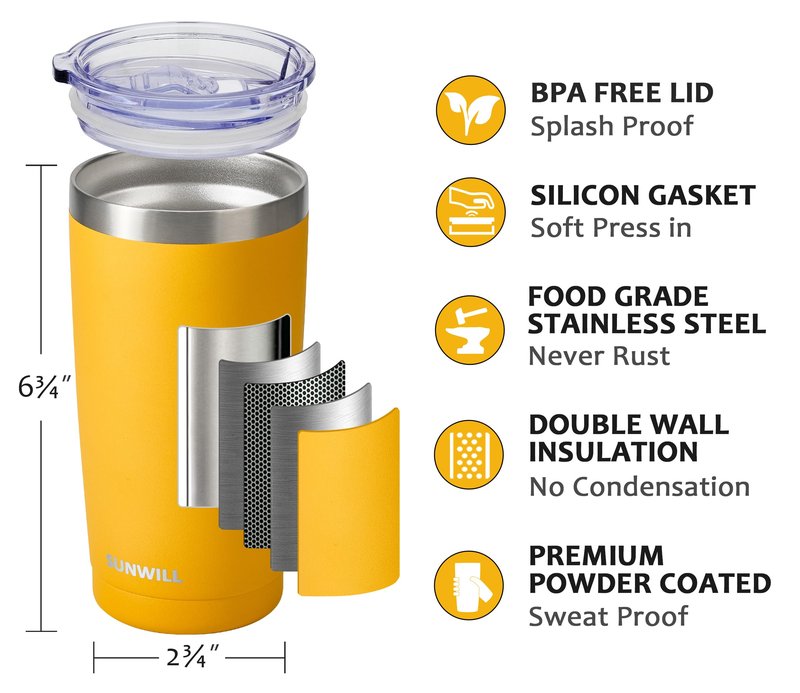 SUNWILL Travel Coffee Tumbler 20 oz, Insulated Mug with Lid, Stainless Steel Cup for Hot and Cold Drinks, Powder Coated Yellow
