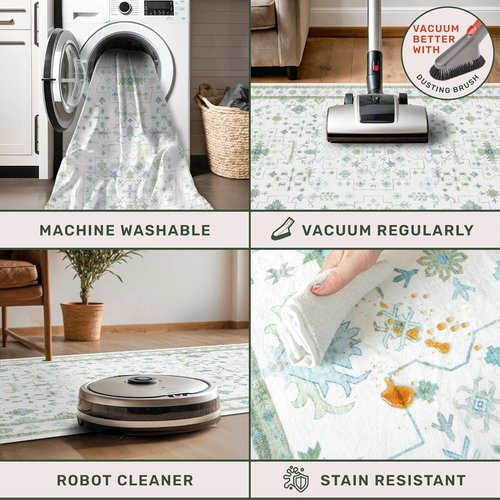 Hazo Haus Cream Oushak 6x9 Area Rug - Boho Floral Design in Cool Blue & Green | Washable, Non-Slip, Low Pile