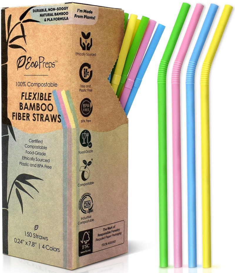 EcoPreps Colorful Biodegradable Flexible Drinking Straws | Bendable 150 Count, 100% Compostable, Plastic-Free, Eco-Friendly Straws for Cold Drinks | 7.8'' Multi-Color Bamboo Fiber Disposable Straw Set