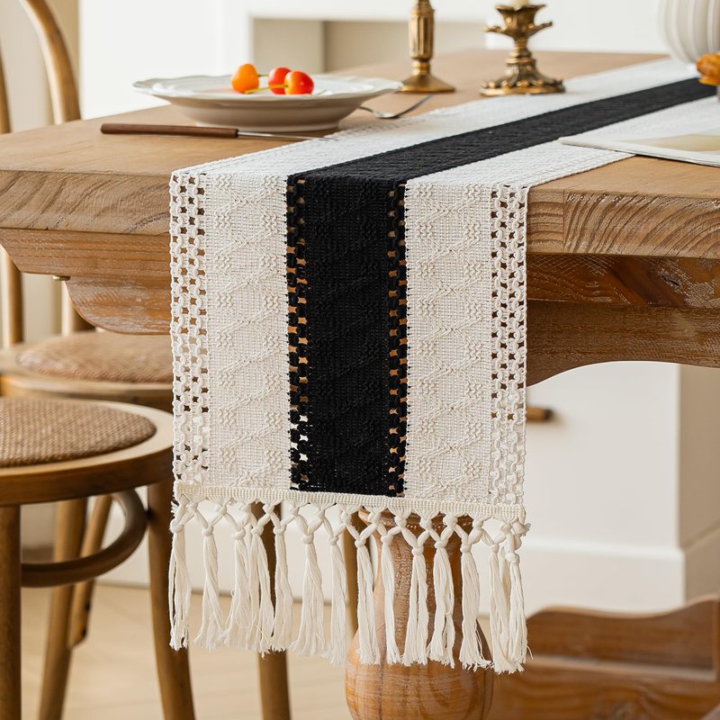 FEXIA Boho Table Runner for Home Decor with Tassels 36 Inches Long,Black Farmhouse Rustic Table Runner Macrame Burlap Table Decoration for Living Room Bridal Shower(12x36 Inches)
