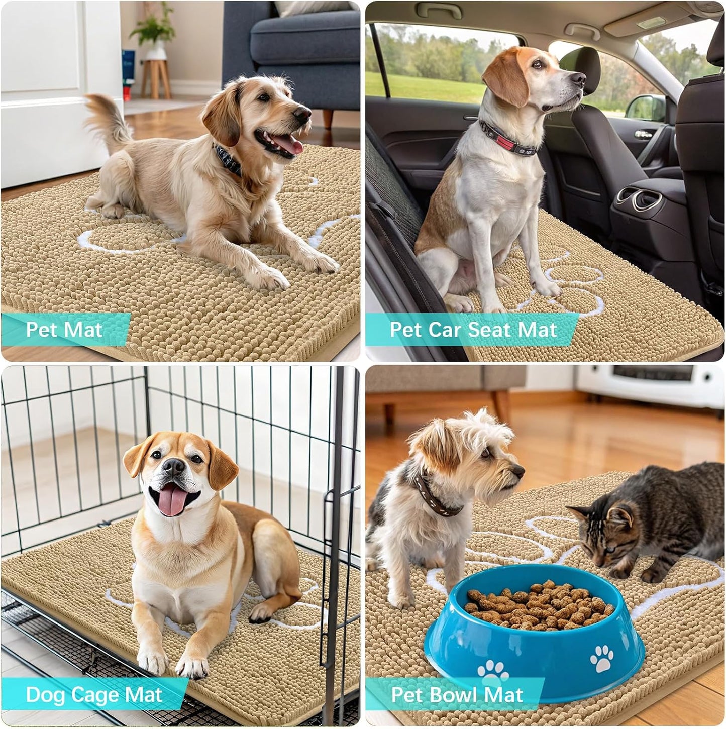 OLANLY Dog Door Mat - Absorbent Non-Slip Mud Mat for Muddy Paws | 59x24 Paw Print Design, Quick Dry Beige