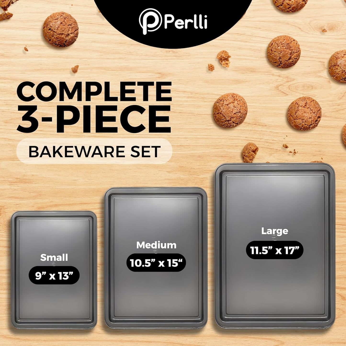 PERLLI Non-Stick Baking Pan Set - 3-Piece Carbon Steel with Even Heat Distribution | Oven Safe to 446°F, BPA-Free, Dishwasher Safe, Stackable - Gray