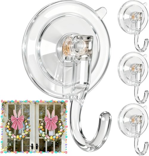 HEYHOUSE Wreath Hangers - Clear Suction Cup Hooks for Front Door | Removable & Reusable, 4 Pack