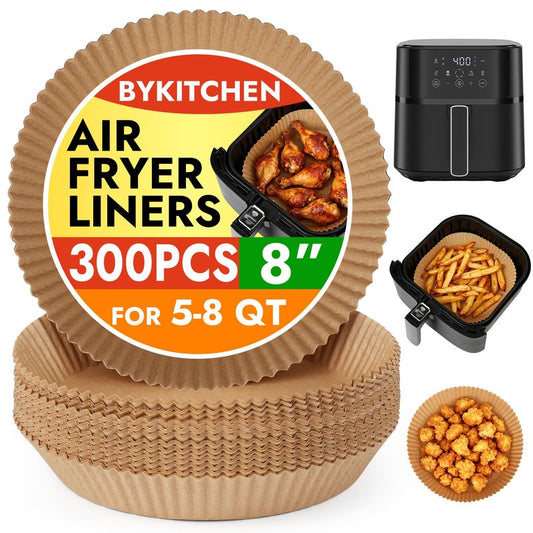 BYKITCHEN 300PCS Disposable Air Fryer Liners for Ninja AF141 5QT Pro AF181 6.5QT, Chefman 6 QT, Cosori 6QT &Other 5 to 8Qt Airfryer, 8 Inch Round Air Fryer Parchment Paper, Airfryer Basket Accessories
