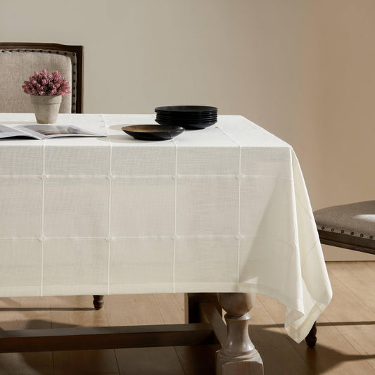 ZeeMart Grid Embroidered Hemmed Tablecloths, Off White 60x120 Inch, Farmhouse Style Heavy Weight Cotton Linen White Tablecloths, Boho Plaid Water Resistant Rectangle Table Cloth