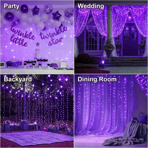HXWEIYE 300LED Fairy Curtain Lights, 9.8x9.8Ft USB Plug-in 8 Modes Christmas String Hanging Lights with Remote for Bedroom Backdrop Wedding Indoor Wall Decor, Purple, Standard – 1 Pack