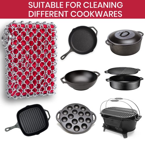 Cast Iron Scrubber Chainmail - 316L Cast Iron Cleaner Scrubber and Bamboo Cloth Set - Chain Mail Scrubber - Stainless Steel Chainmail Scrubber for Skillet, Pan, Dutch Oven - Essential Accessory