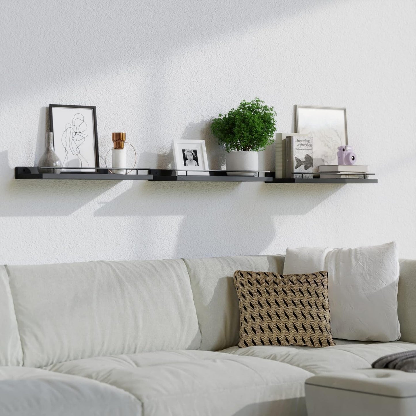WOPITUES Floating Wall Shelves - Set of 3 with Black Metal Guardrail for Bedroom, Bathroom, Kitchen, Living Room Decor