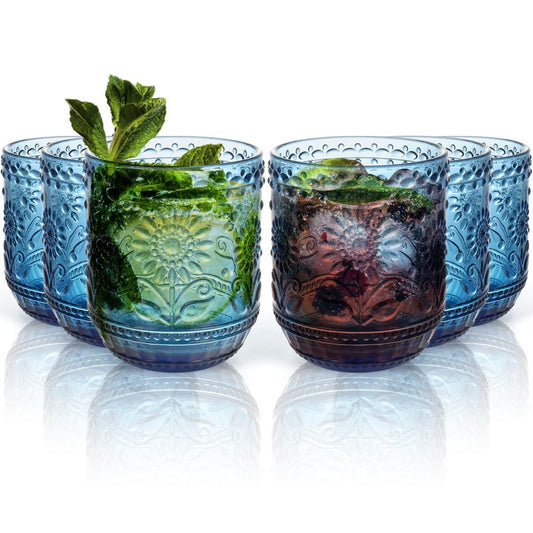 Topsky Vintage Drinking Glass Set of 4,12 oz Embossed Willow Leaf Drinkware Set,Colorful Drinking Glasses Cups Wine Glasses Colored Glassware for Whisky,Beer,Juice,Cocktail,Heavy Duty