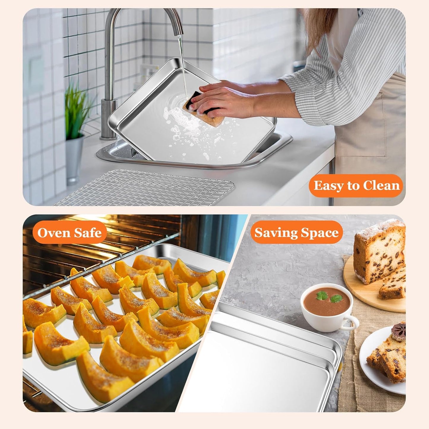 Leonyo Large Stainless Steel Baking Pan Set - 17.5" x 13" Nonstick Cookie Sheets with Cooling Rack | 4 Pack