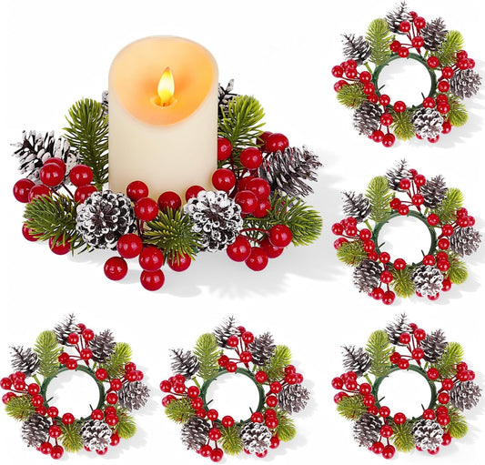 Regine Switzerland Christmas Candle Ring Set - 6 Pcs with Pine Cones, Red Berries & Green Leaves for Pillar Candle Holders | Festive Table Centerpiece Decor