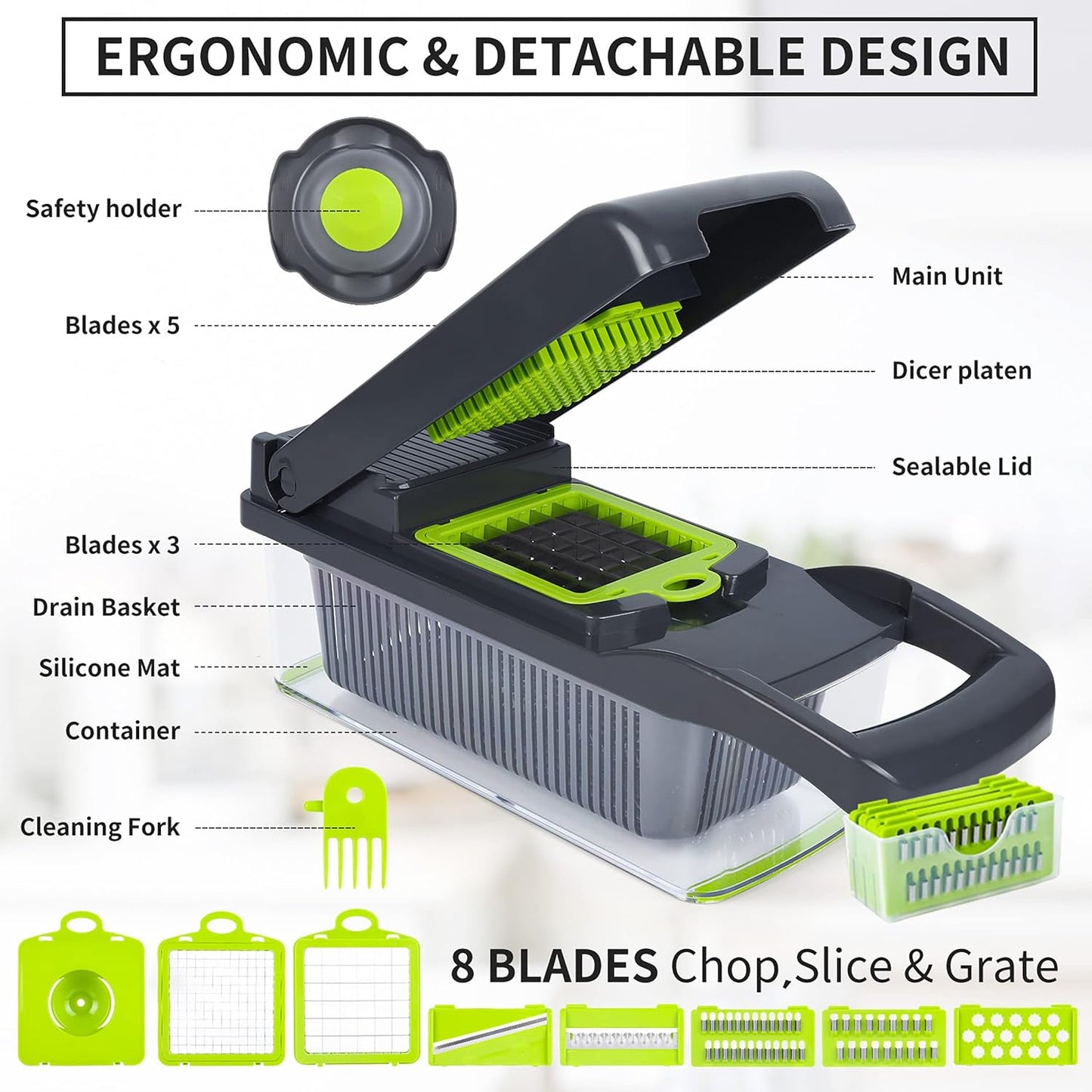 Skiennix Vegetable Chopper Mandoline Slicer - 10-in-1 Multifunctional Kitchen Gadget | Gray/Green
