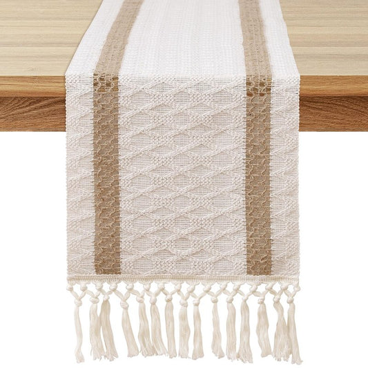 OTOSTAR Boho Table Runner with Tassels 48 Inches Long Farmhouse Rustic Table Runner Macrame Burlap Table Decoration for Home Decor Living Room Bridal Shower, Double Striped (12x48 Inches)
