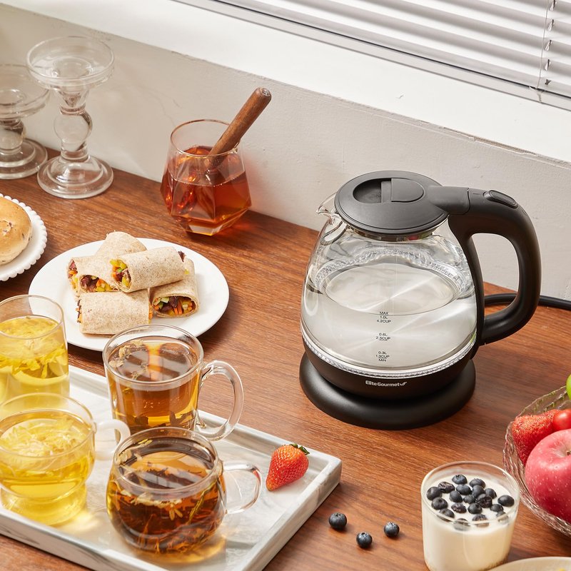 Elite Gourmet EKT1024 1L Electric Glass Tea Kettle, BPA-Free Hot Water Boiler with Blue LED, Fast Boil & Auto Shut-Off, Black