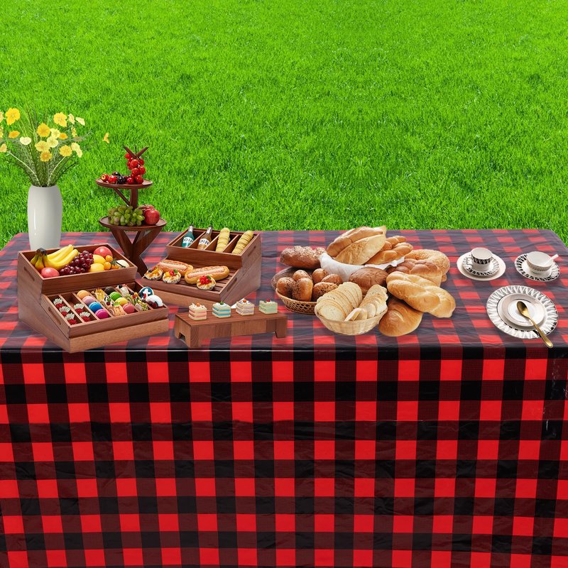 Kesfey 8 Packs Red and Black Merry Christmas Checkered Tablecloth 54 x 108 Inches Plastic Buffalo Check Plaid Table Cover Disposable Red Gingham Winter Christmas Picnic Table Cloth for Dinner Camping