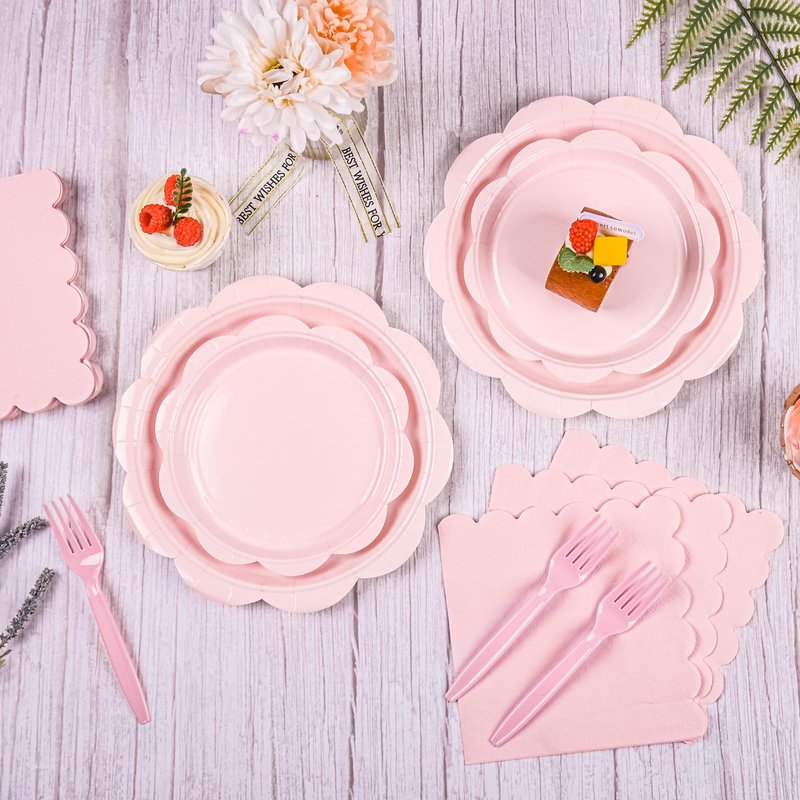 Houuqe 96 Pcs Pink Paper Plates and Napkins Set Party Supplies, Tableware set for 24 Guest include Disposable Pink Scalloped Plates, Napkins and Forks for Baby Shower Bridal Shower Wedding Birthday