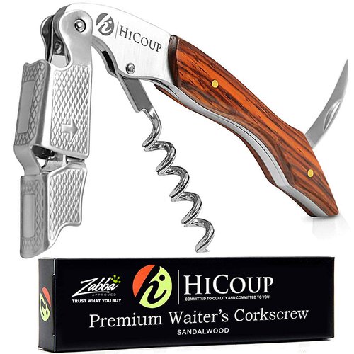 Hicoup Wine Opener - Professional Corkscrews for Wine Bottles w/Foil Cutter and Cap Remover - Manual Wine Key for Servers, Waiters, Bartenders and Home Use - Stainless Steel With Rosewood