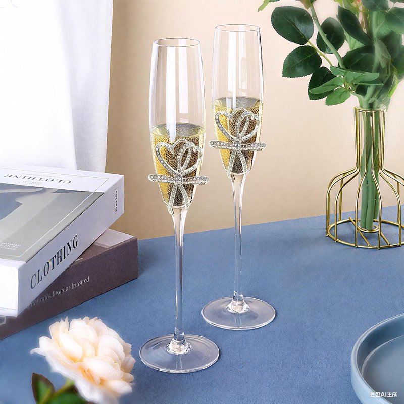 Jozen Gift Silver Champagne Flutes - Set of 2 Hand Blown Champagne Glasses wtih Metal Accent DOUBLE HEARTS- Gifts for Birthday,Wedding, Mother’s Day - 6 oz (Modern, Silver)