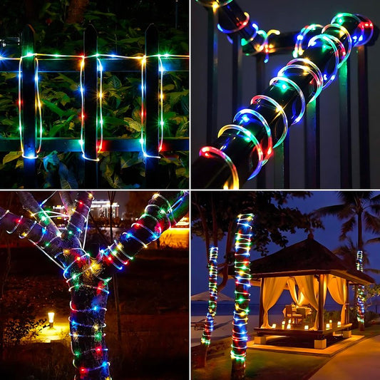 Solar Rope Lights, 66ft 200LED Solar String Lights, 8 Modes Waterproof Solar Powered Outdoor Light, Flexible Clear Tube Light for Garden, Backyard, Patio, Deck, Porch, Pool, Tree Decor - Multicolor