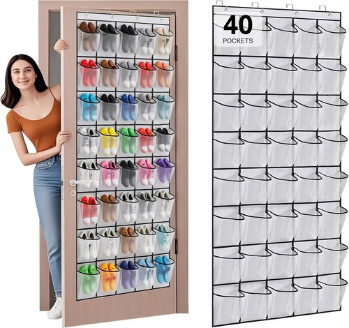 Hualleko Over The Door Shoe Organizer - Large Capacity Mesh Pocket Rack for 20 Pairs (White)