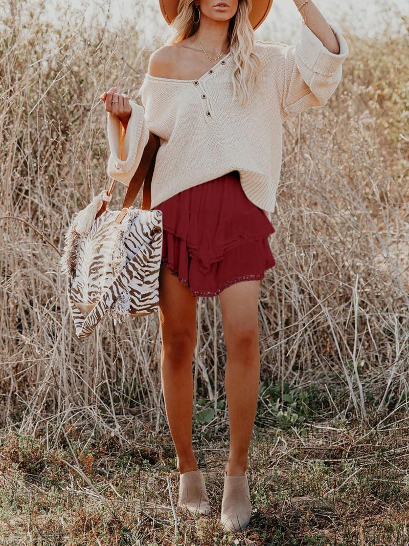 Aoudery Flowy Shorts for Women Casual Boho Ruffle Tiered Skorts High Waist Mini Skirts Golf Tennis Butterfly Crochet Shorts - Red M